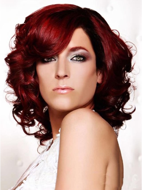 14 Inches Dark Red Curly  Shoulder Length Lace Front Human Hair Women Wigs