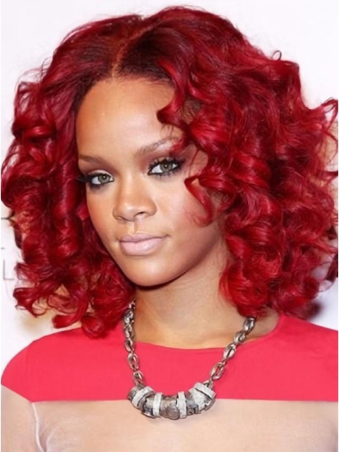 14 Inches Red Curly Shoulder Length Lace Front Human Hair Women Wigs