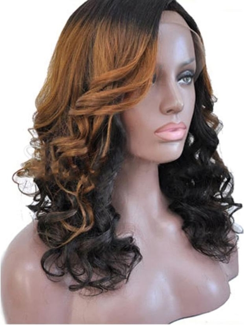 16" Shoulder Length Curly Full Lace Human Hair Ombre Wigs 