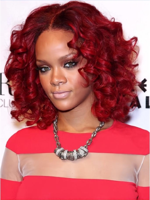  Popular and Fresh Mid-length Layered Spiral Curl Full Lace Human Hair Rihanna Bob Wig For Women