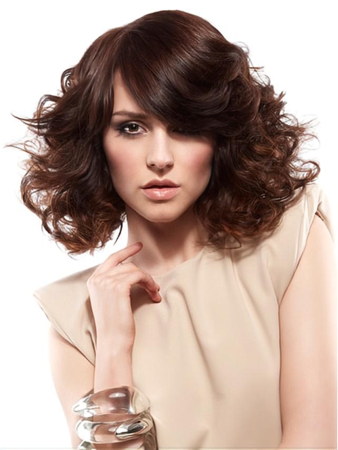 Soft Auburn Curly Shoulder Length Lace Front Synthetic Women Wigs