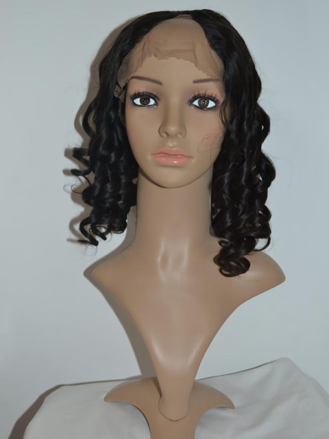 Soft Black Curly Shoulder Length Lace Front U Part Human Hair Women Wigs