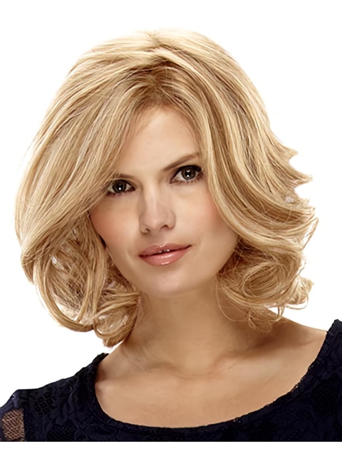 Fashion Medium Blonde Curly Capless Human Hair Women Wigs