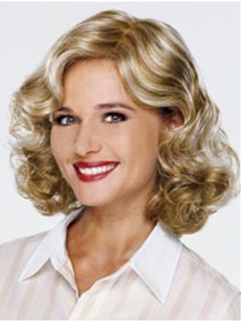 Medium Blonde Designed Curly Mono Synthetic Women Wigs