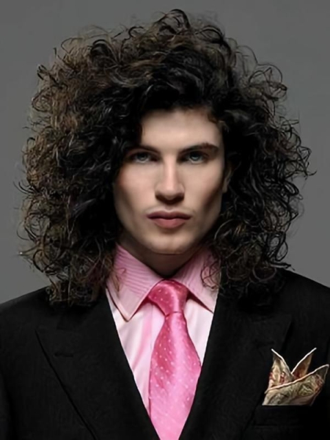 Popular Black Curly Shoulder Length Lace Front Synthetic Men Wigs