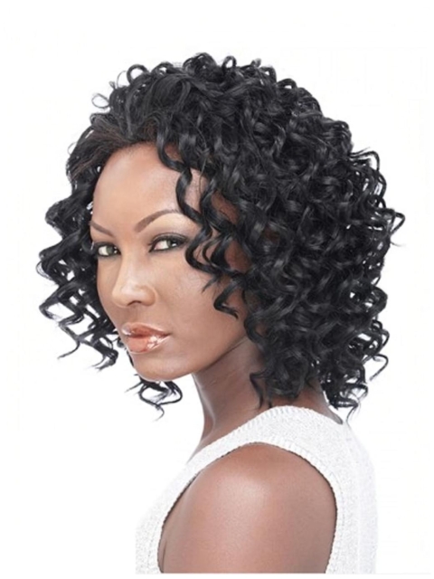 Impressive Black Curly Shoulder Length Capless Human Hair Wigs & Half Women Wigs