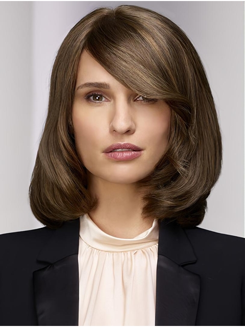 Monofilament Brown 12" Straight Shoulder Length Bobs Real Human Hair Wigs