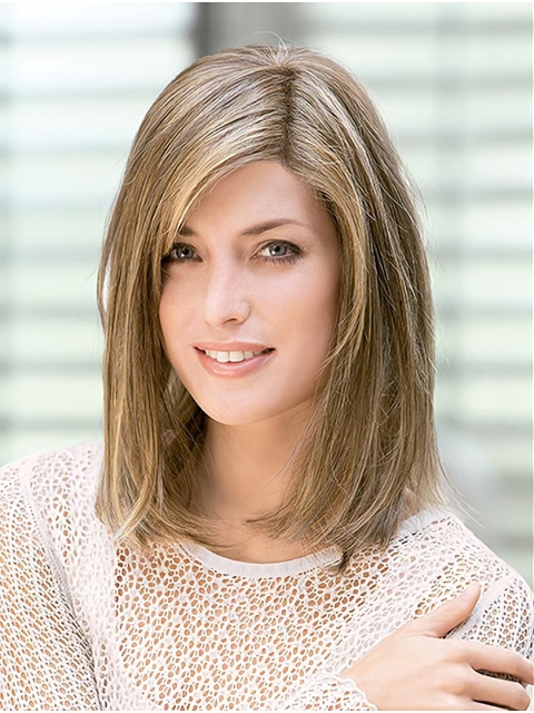 Straight Shoulder Length Blonde Monofilament 14" Without Bangs Perfect Lace Wigs