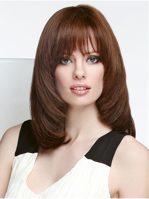 Brown Straight Shoulder Length  Monofilament  Layered Human Hair Women Wigs