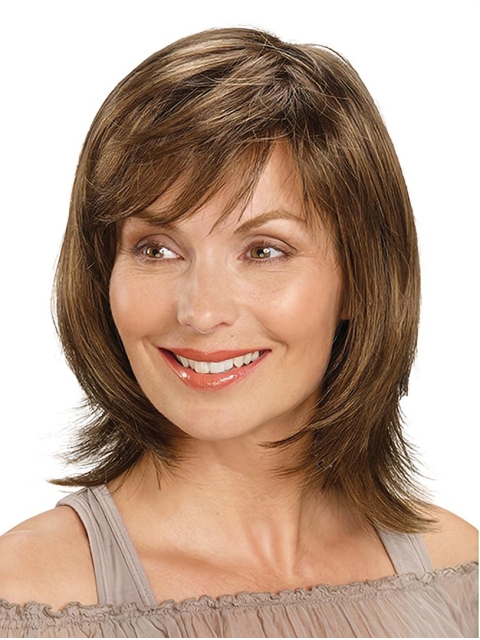 Brown Straight Shoulder Length Monofilament Synthetic Medium Length Wigs For Women