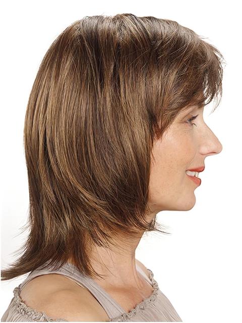 Brown Straight Shoulder Length Monofilament Synthetic Medium Length Wigs For Women