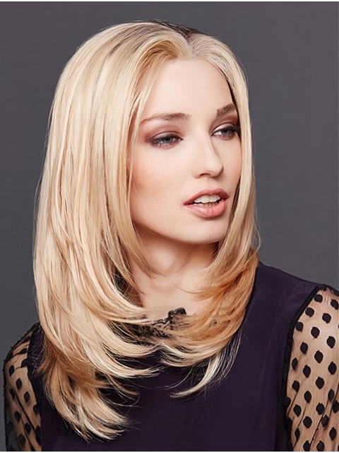 Blonde Shoulder Length Straight Without Bangs Monofilament  Human Hair Women Wigs