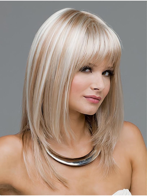 Blonde Shoulder Length Straight  With Bangs Mono  Top Quality Synthetic Women Wigs