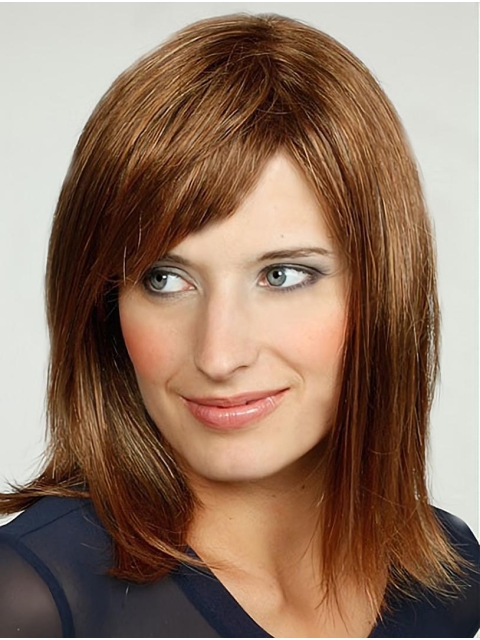 Blonde With Bangs Synthetic 14" Straight Medium Length Wigs For Women