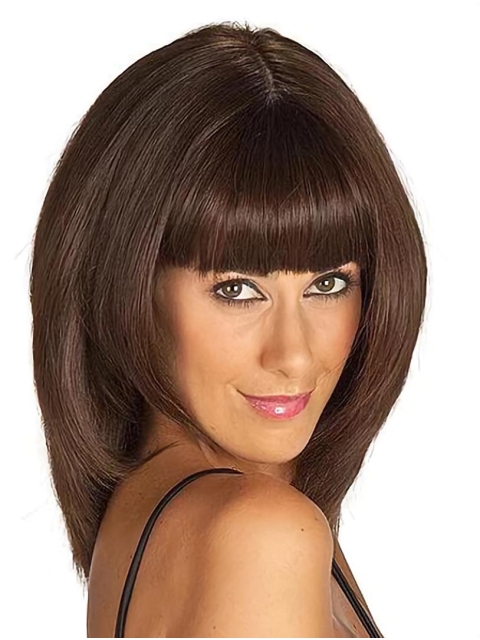 14" Brown Shoulder Length Straight With Bangs Lace Front Synthetic Women  Wigs