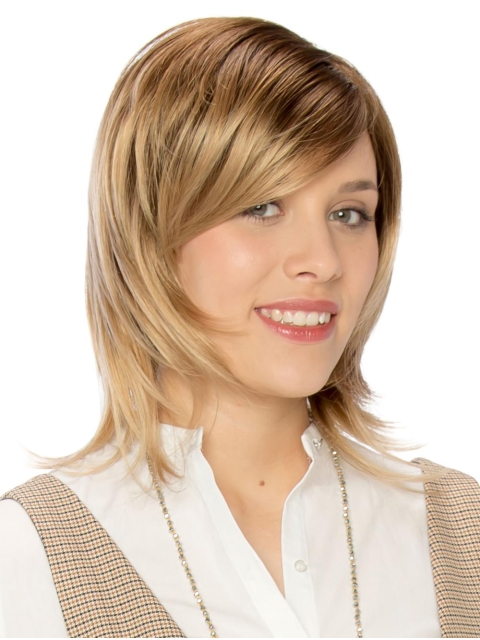 Blonde Straight Shoulder Length Layered Lace Front Synthetic Medium Women Wigs