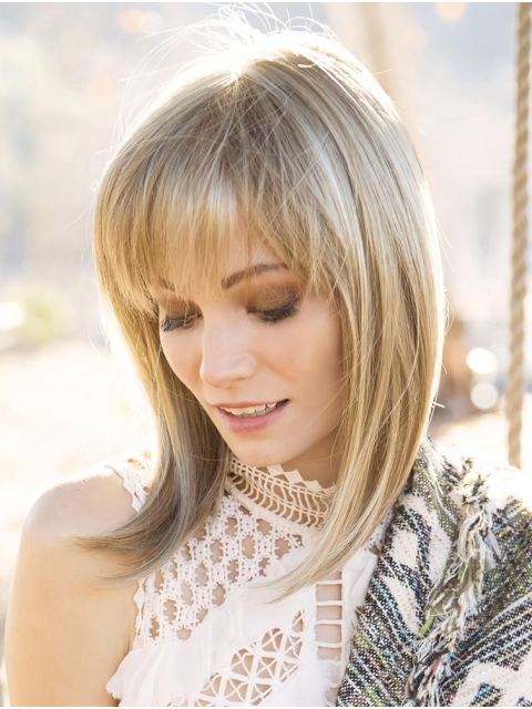 Blonde Straight With Bangs Shoulder Length Amazing Monofilament Synthetic Women Wigs