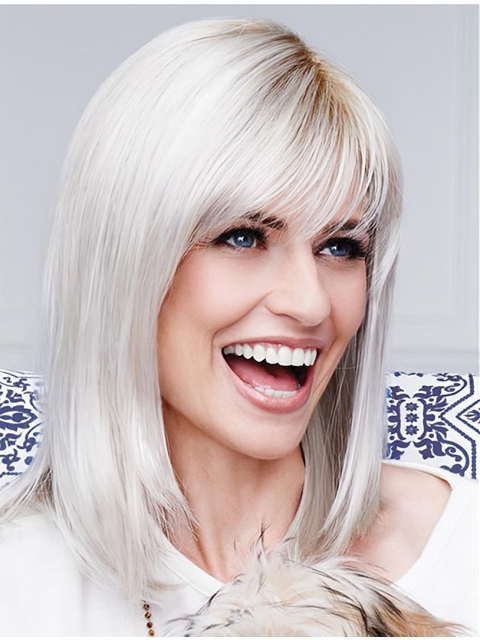  Straight Shoulder Length Capless Synthetic Grey Women Wigs