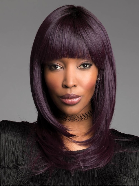 Purple Straight Shoulder Length With Bangs Capless Synthetic Women Wigs