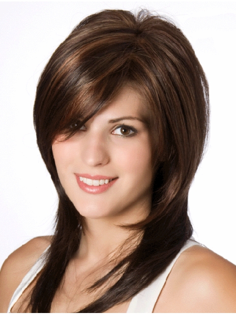 Straight  Brown Layered Shoulder Length Lace Front Human Hair Women Wigs