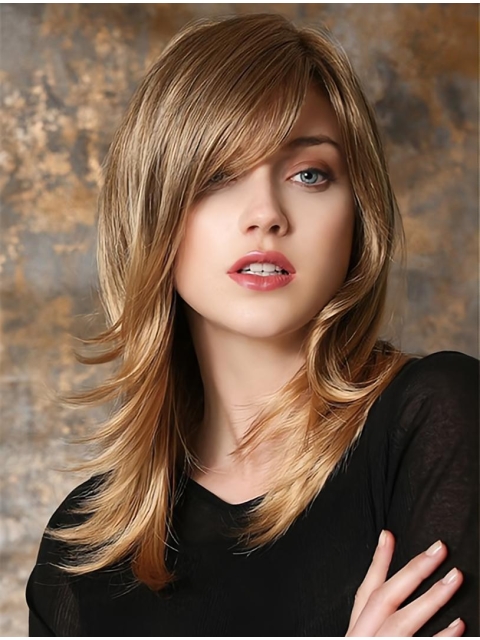 Traditional Straight Medium With Bangs Monofilament Synthetic Women Wigs