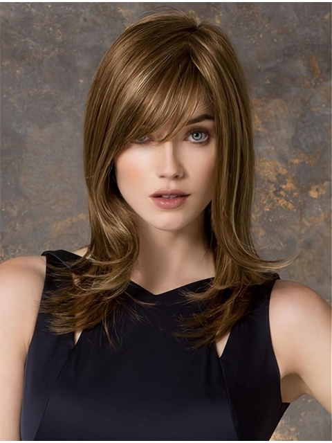 Traditional Straight Medium With Bangs Monofilament Synthetic Women Wigs