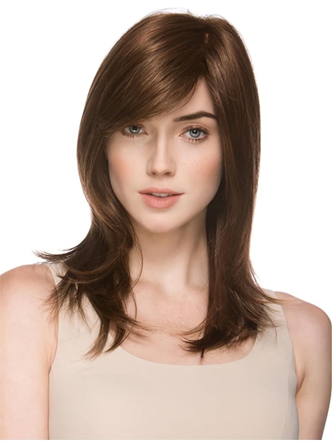 Traditional Straight Medium With Bangs Monofilament Synthetic Women Wigs