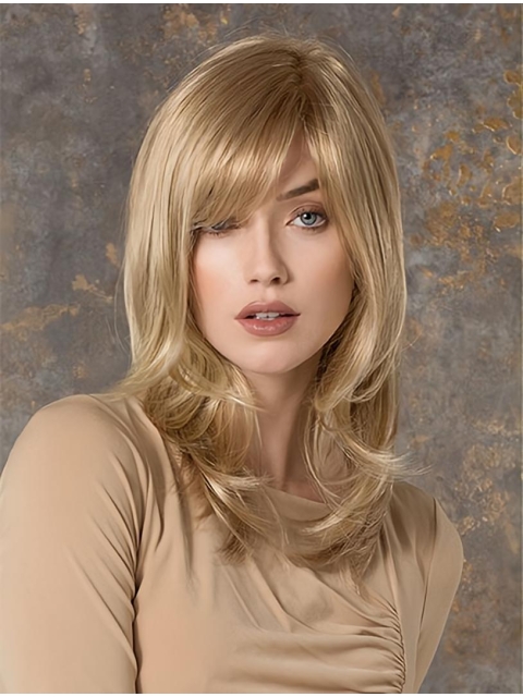 Traditional Straight Medium With Bangs Monofilament Synthetic Women Wigs