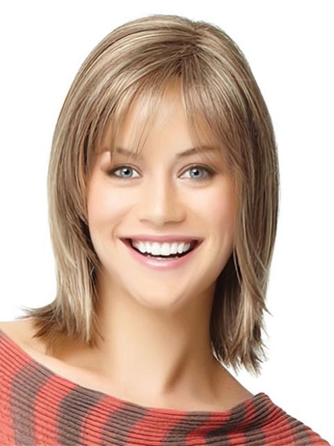 Mature Blonde Straight Shoulder Length  With Bangs Capless Human Hair Women Wigs