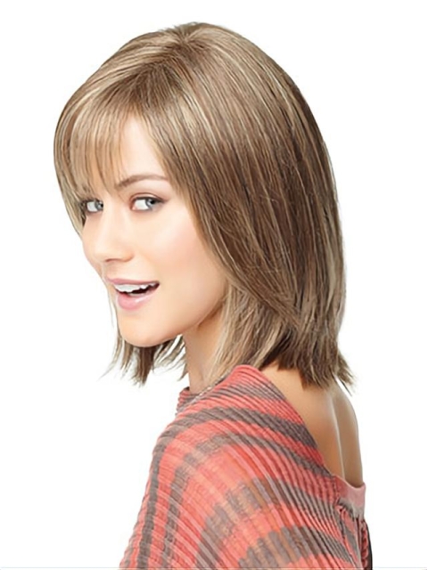 Mature Blonde Straight Shoulder Length  With Bangs Capless Human Hair Women Wigs