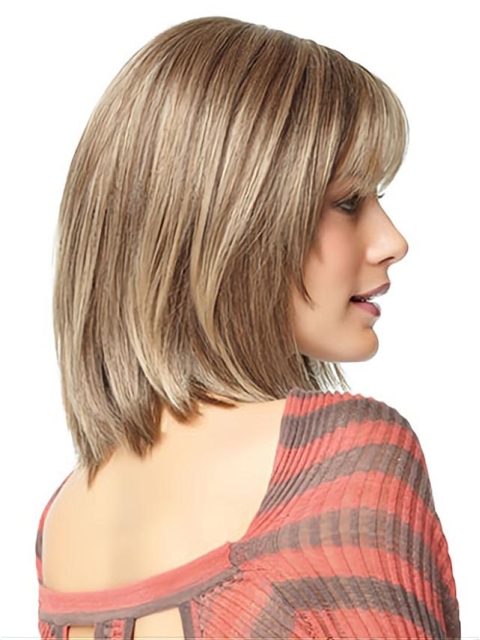 Mature Blonde Straight Shoulder Length  With Bangs Capless Human Hair Women Wigs