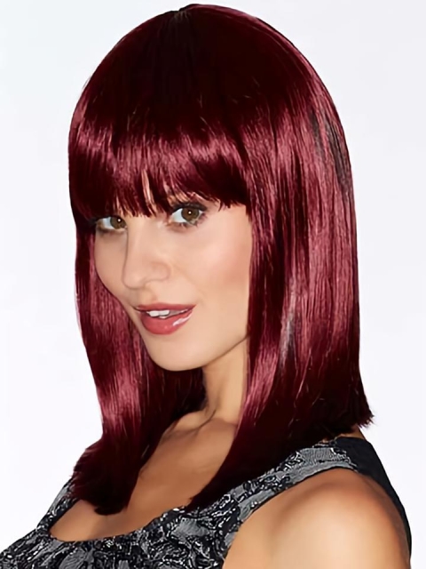 Red Medium Straight With Bangs Capless Synthetic Women Wigs