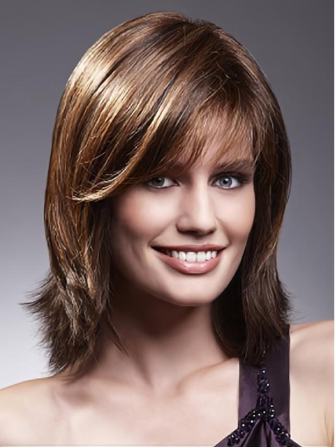 Cosy Straight Shoulder Length With Bangs Lace Front  Human Hair Women Wigs