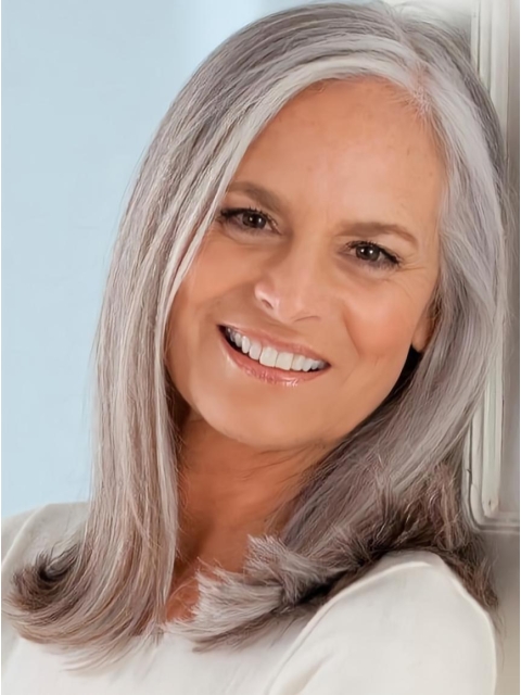 Shoulder Length Straight Without Bangs  Hand Tied Human Hair Grey Lady Wigs