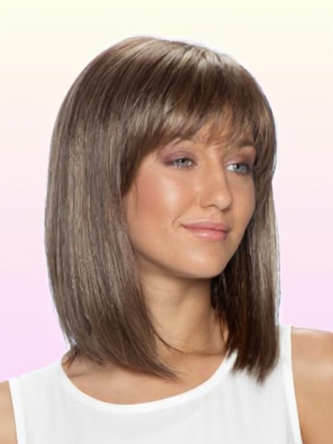 Pleasing  Straight Shoulder Length With Bangs Lace Front Human Hair Women Wigs