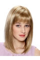 Elegant Blonde Straight Shoulder Length With Bangs Monofilament Human Hair Women Wigs