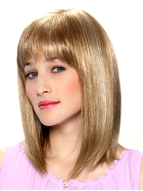 Elegant Blonde Straight Shoulder Length With Bangs Monofilament Human Hair Women Wigs