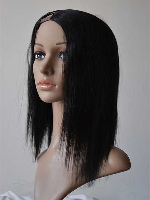 Trendy Black Straight Shoulder Length Lace Front Human Hair U Part Women Wigs