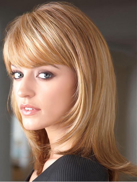 Hairstyles Blonde Straight With Bangs Shoulder Length Lace Front Synthetic Women Wigs