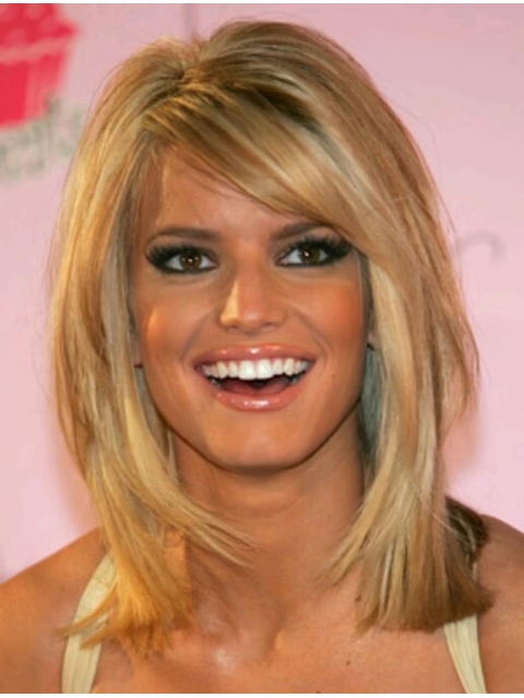 Sweet Cute Mid-length Straight with Bangs Lace Human Hair Jessica Simpson Wig 