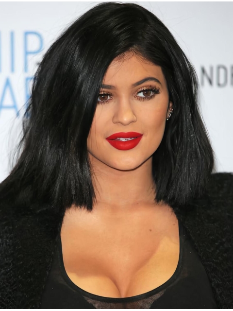 Affordable Shoulder Length Straight Black Synthetic Women Bobs Kylie Jenner Inspired Wigs