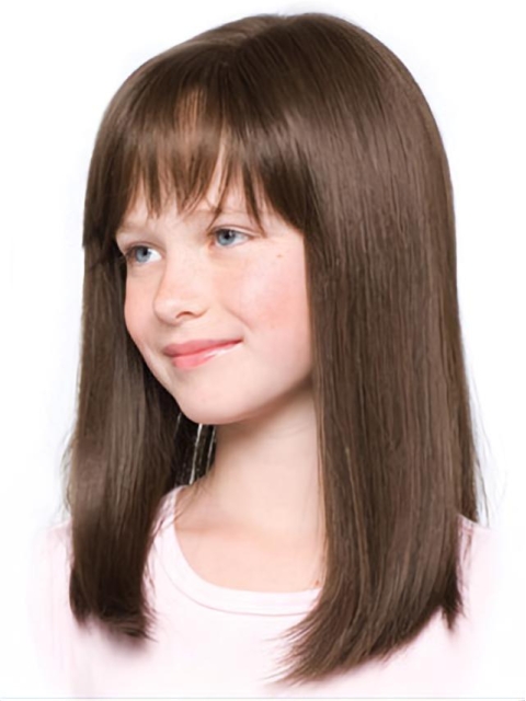 Refined Brown Straight Shoulder Length With Bangs Hand-Tied Synthetic Kids Wigs