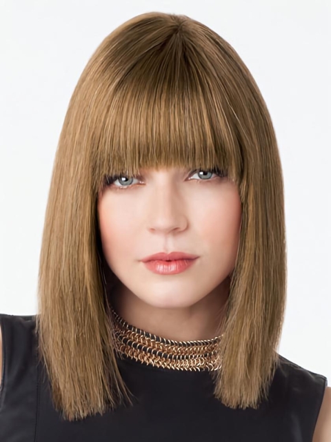 Stylish Lace Front Straight Shoulder Length With Bangs Lace Front Remy Human Hair Women Wigs