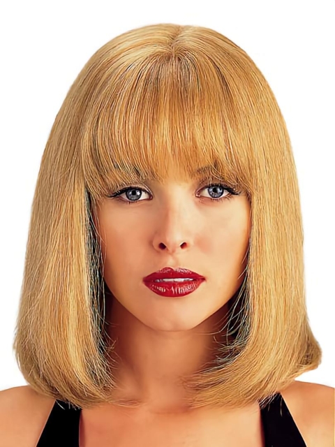 Refined Blonde Monofilament Straight Shoulder Length With Bangs Lace Human Hair Women Wigs