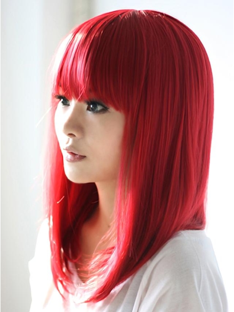 Red Straight Shoulder Length With Neat Bangs Capless Girl's Human Hair Wigs