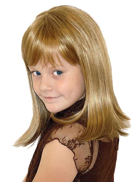 High Quality Blonde Straight With Bangs Shoulder Length Lace Front Synthetic Kids Wigs