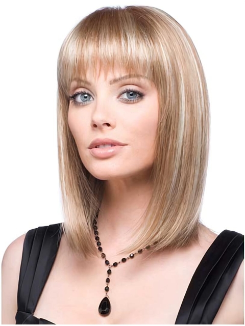 Discount Blonde Straight Shoulder Length With Bangs Lace Front Synthetic Women Wigs