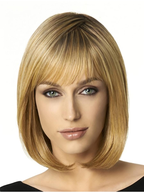 Medium  Blonde Straight With Bangs Capless Bobs Synthetic Trendy Wigs