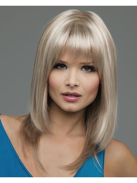 High Quality Blonde Straight With Bangs Shoulder Length Lace Front Synthetic Women Wigs