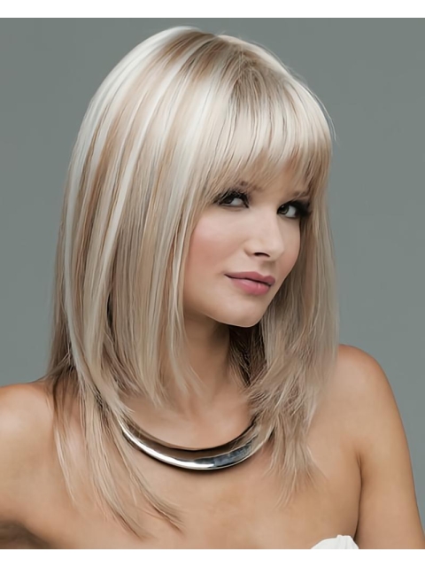 High Quality Blonde Straight With Bangs Shoulder Length Lace Front Synthetic Women Wigs